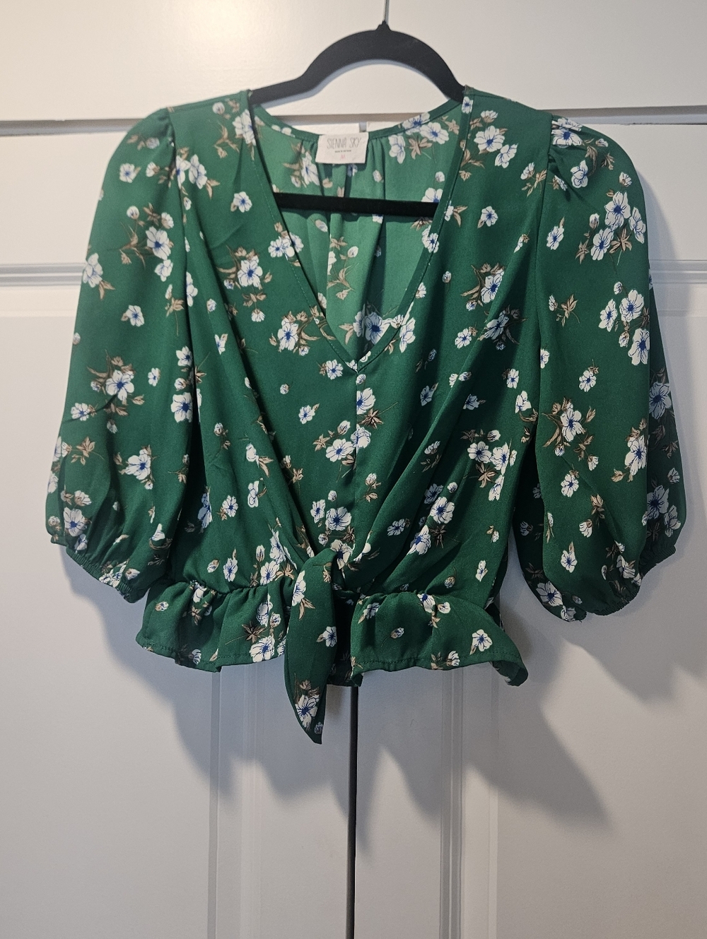 Sienna Sky Green Floral Tie-Front  V-Neck Blouse